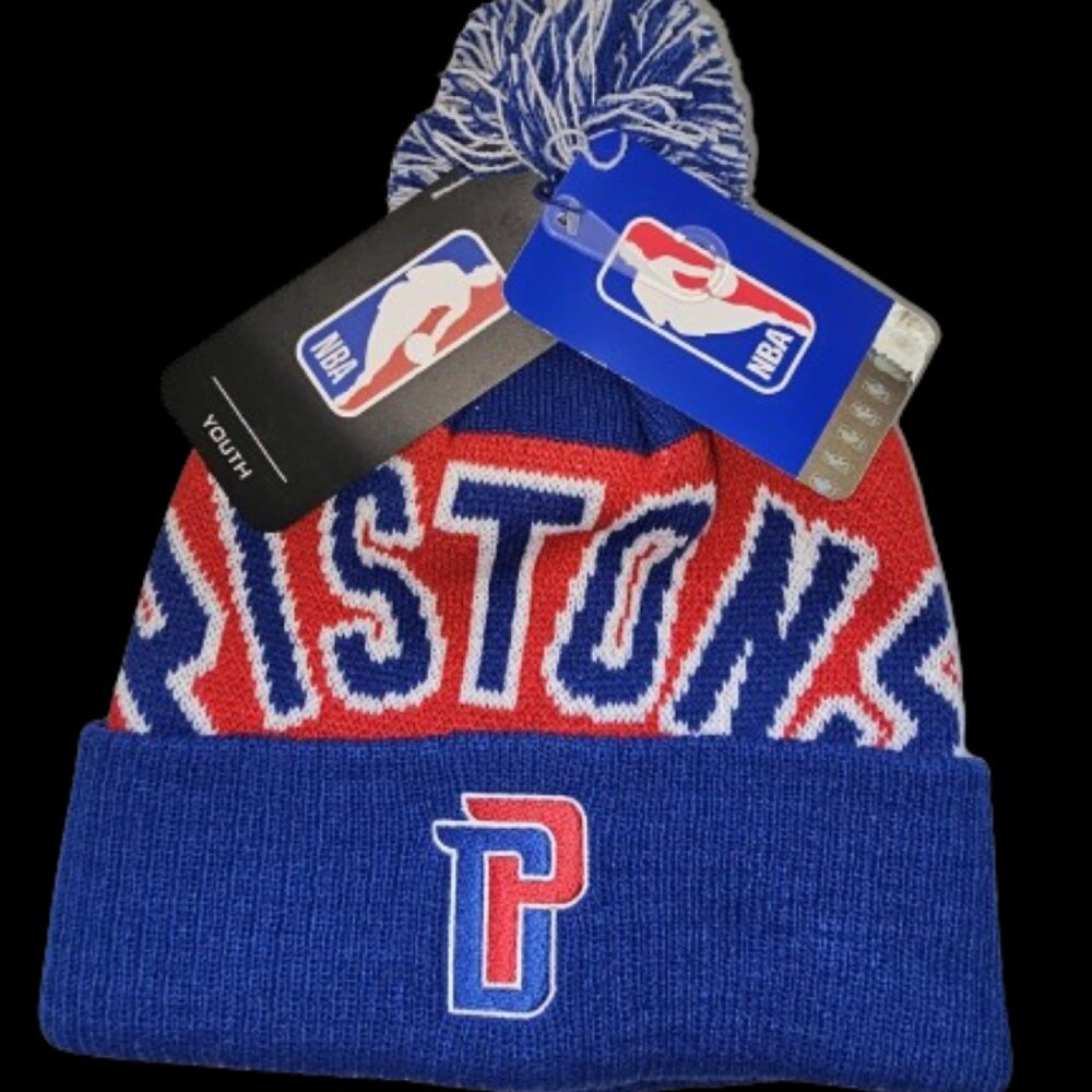 New Era NBA Detroit Pistons Boys Youth Cuffed Knit Ski Hat Pom Poms